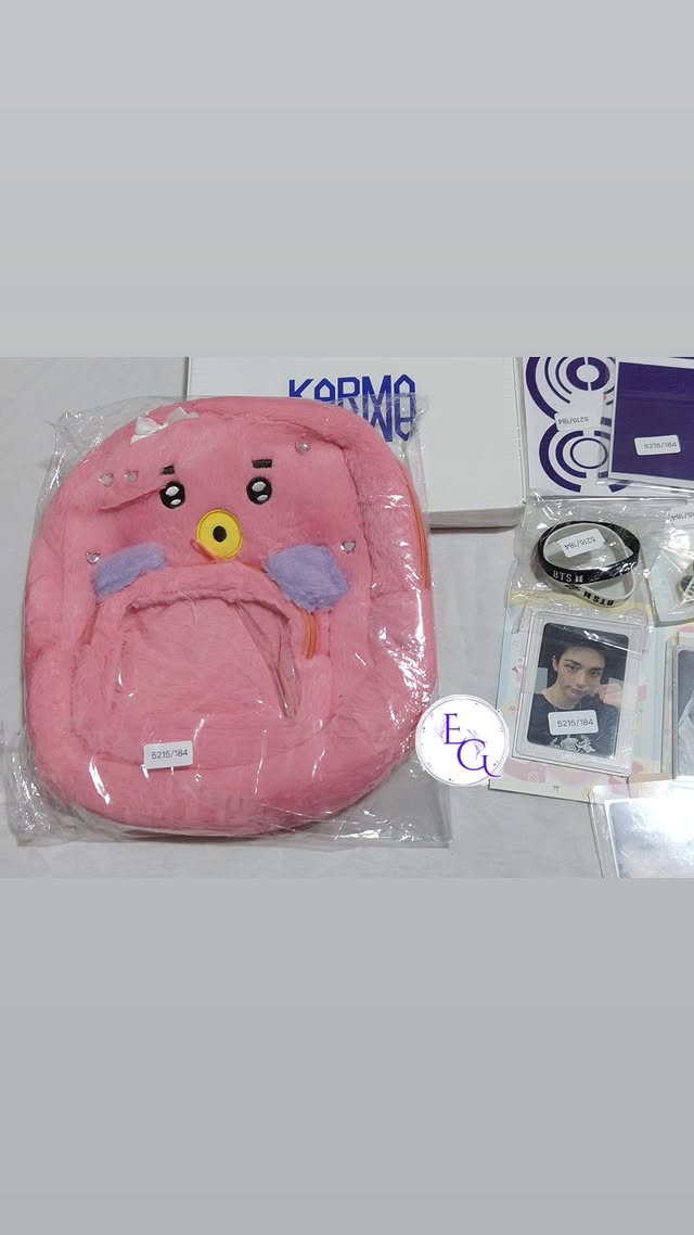 BT21 plush bag with keychains and photocards